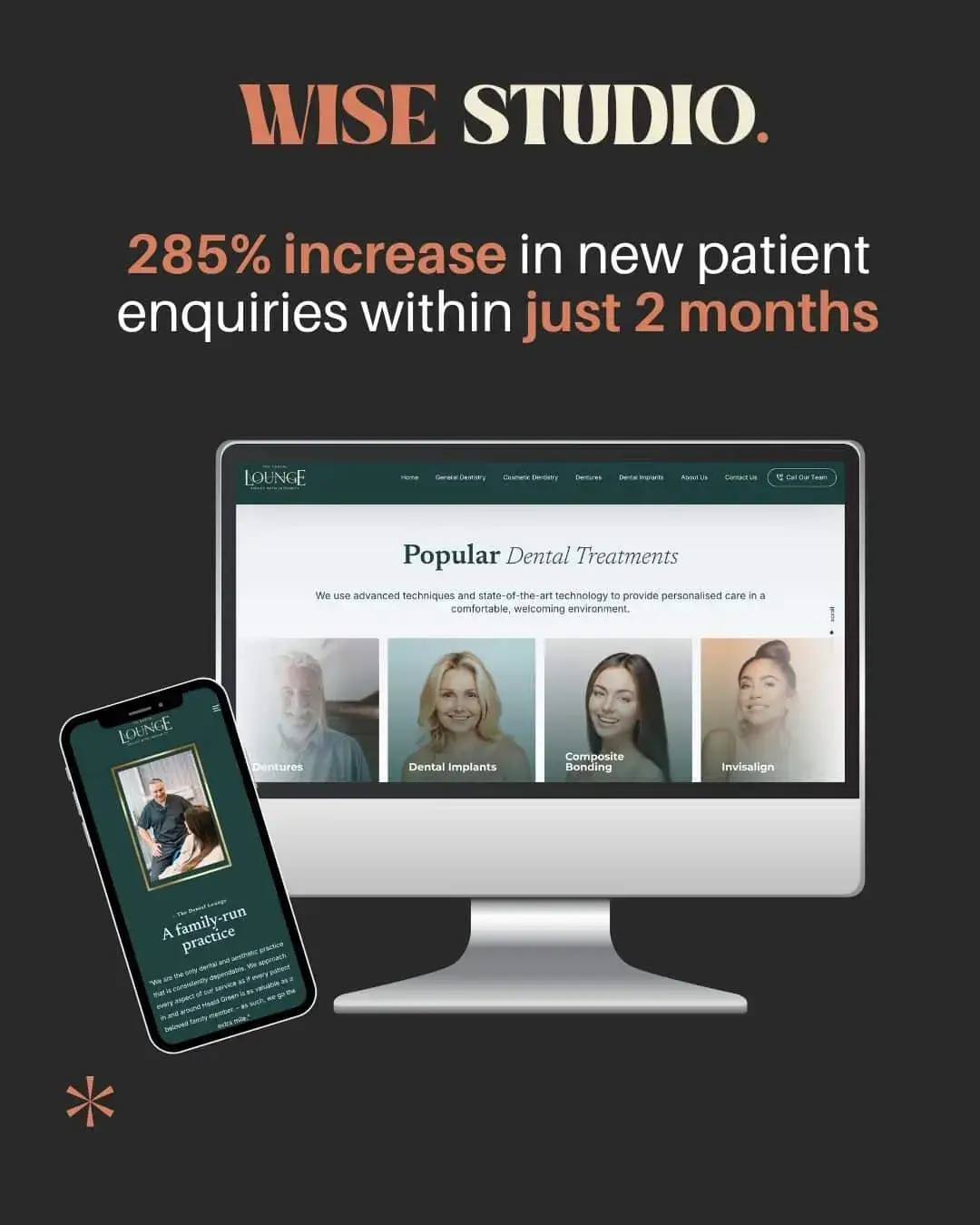 Dental website mockup design that shows a 285% increase in patient enquiries.