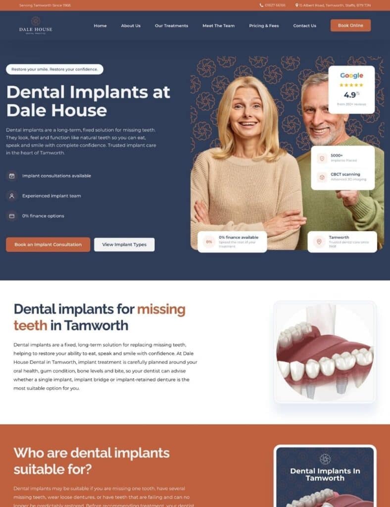 Dale House Dental Practice dental implants webpage Tamworth