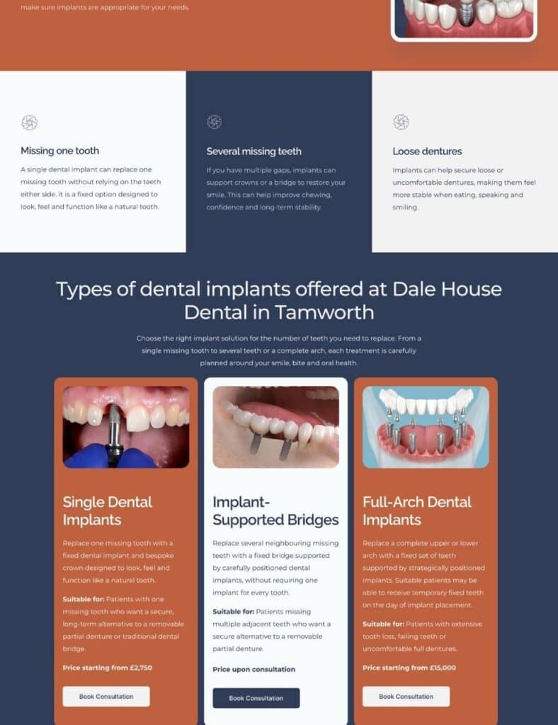 Dental implant options webpage from Dale House Dental Tamworth