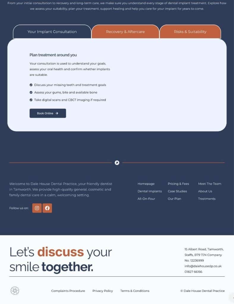 Dale House Dental Practice dental implant consultation webpage